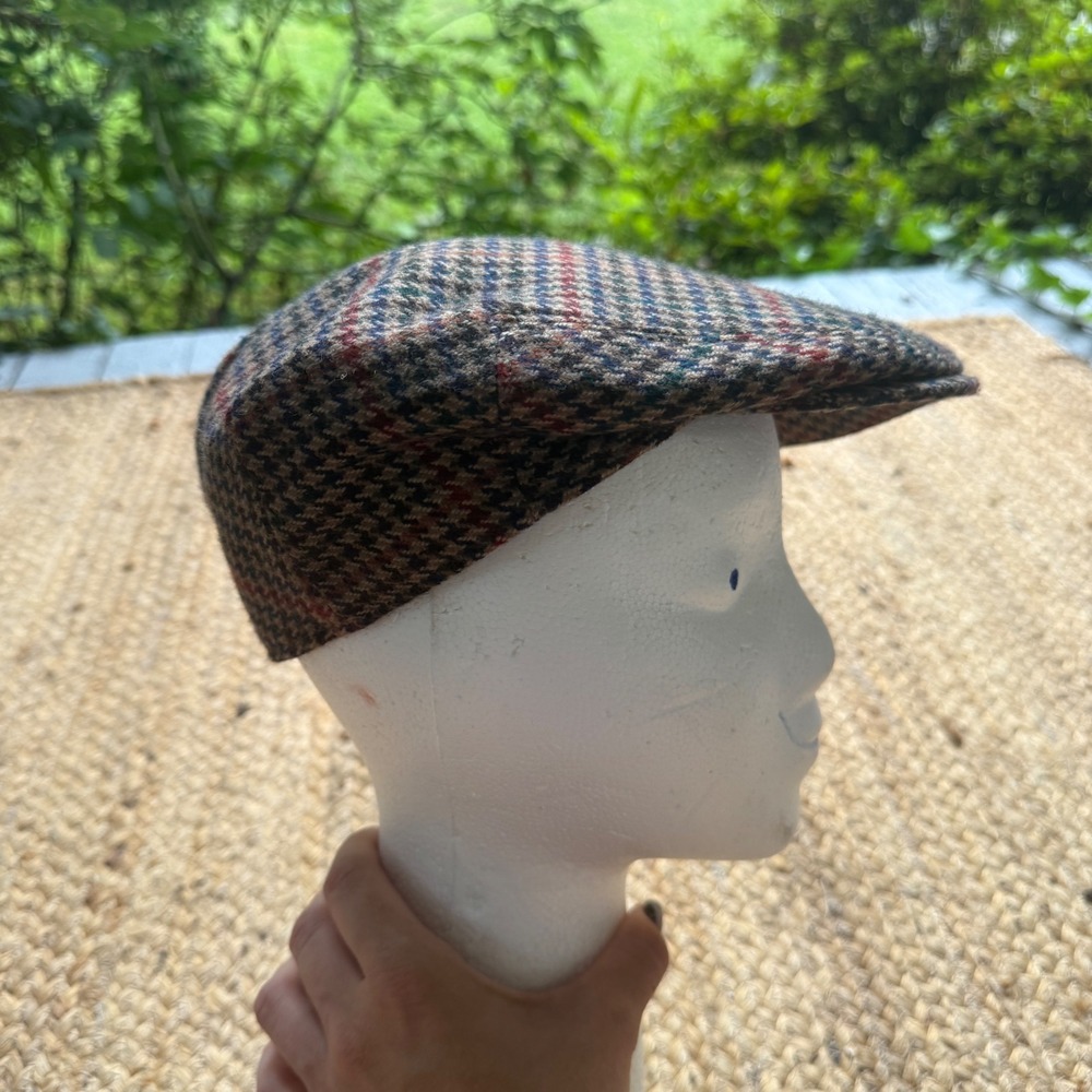Paul Stuart Mens Houndstooth Wool Flat Cap Driving Hat Brown Plaid Made in UK M